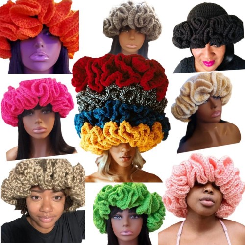 Solid color ruffled brimmed hat with bamboo hat and woolen hat