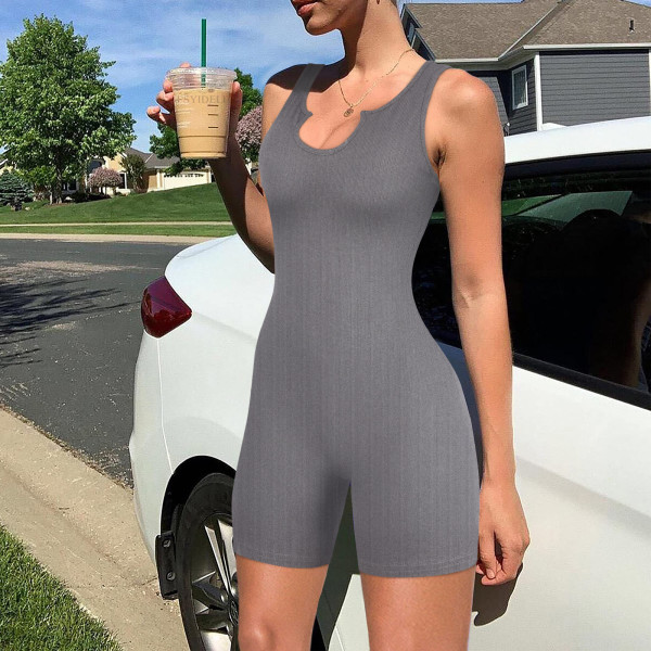 Knitted ribbed U-neck vest slim fit jumpsuit