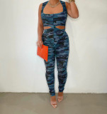 Irregular camouflage printed pants vest set T24420