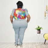 Jeans printed bubble sleeves oversized women's clothing set