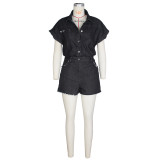 Women's short sleeved elastic denim jumpsuit shorts