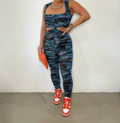 Irregular camouflage printed pants vest set T24420