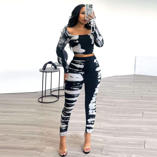 Printed slim fit elastic pit strip two-piece set K3152