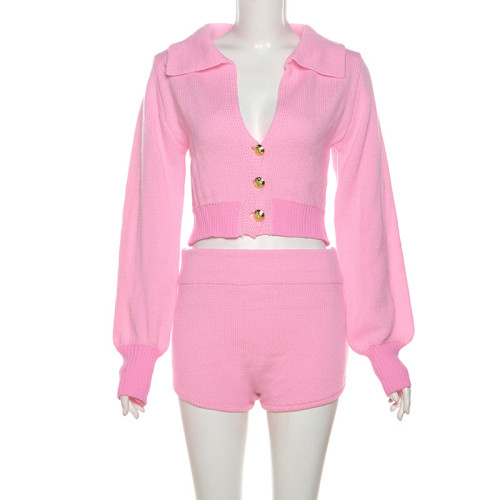 Open waisted lapel cardigan top, high waisted shorts set