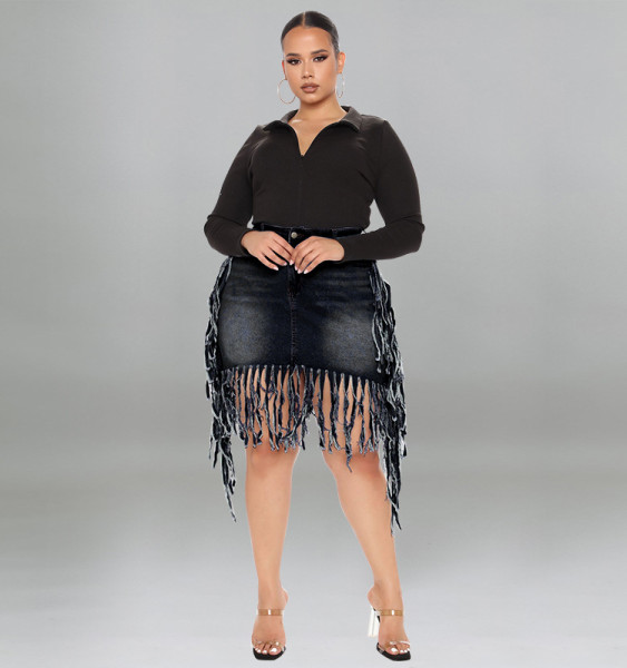 Large tassel denim skirt