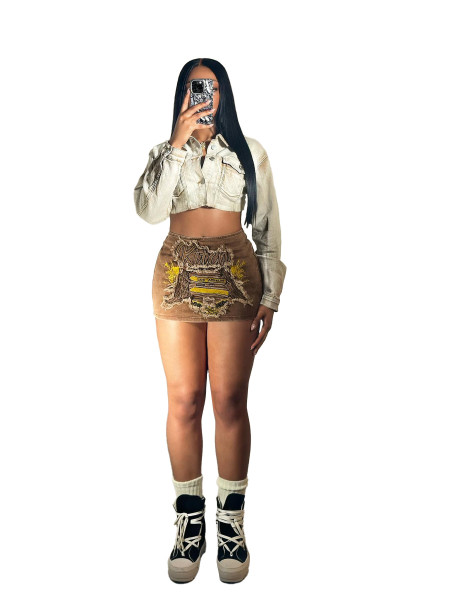 Patch Embroidered Zipper Skirt Short Skirt