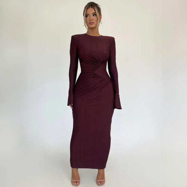 Round necked pleated slim fit long sleeved dress