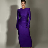 Round necked pleated slim fit long sleeved dress