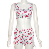 Open navel sleeveless printed drawstring vest shorts set
