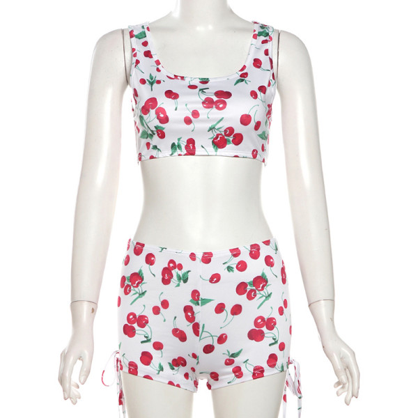 Open navel sleeveless printed drawstring vest shorts set