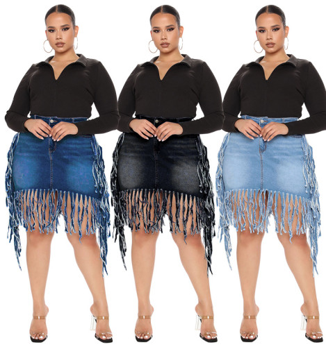Large tassel denim skirt