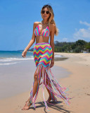 Handmade crochet wave patterned fringe beach cover skirt set