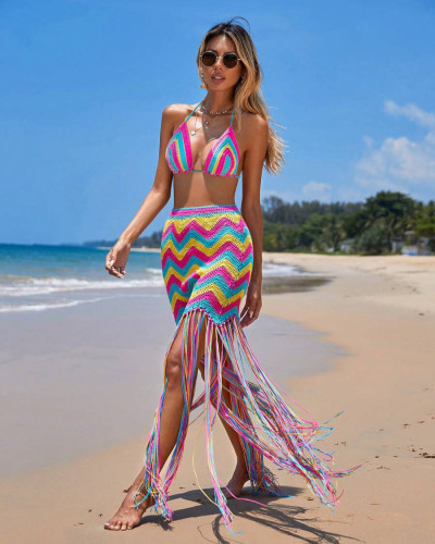 Handmade crochet wave patterned fringe beach cover skirt set