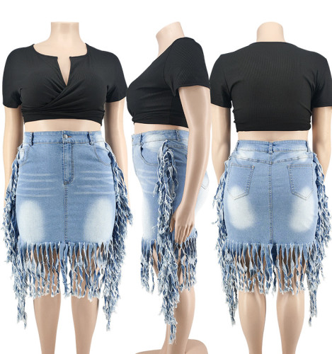 Large tassel denim skirt
