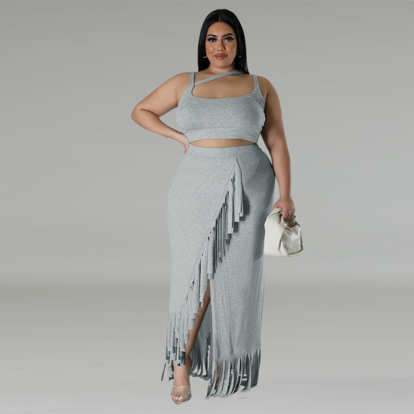 Large Women's Fringe Irregular Sleeveless Skirt Set
