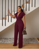 Low cut solid color waistband women's jumpsuit