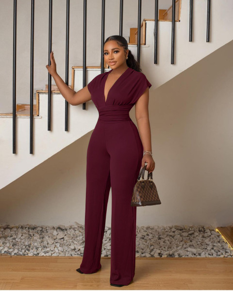 Low cut solid color waistband women's jumpsuit