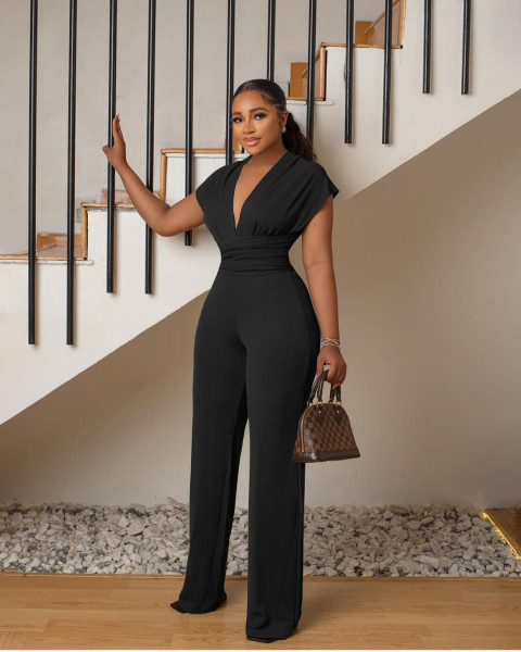 Low cut solid color waistband women's jumpsuit