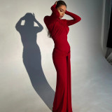 Tie up neck, wrap chest, waist, long sleeved dress