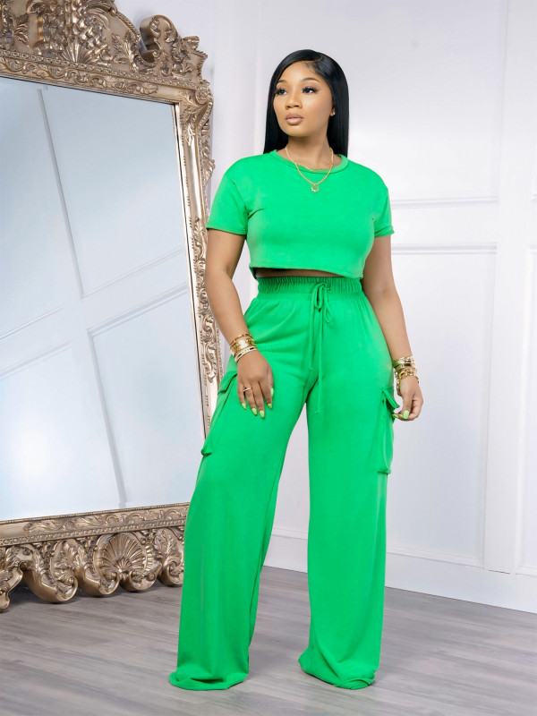 Short sleeved T-shirt, loose tie wide leg pants, workwear pants set