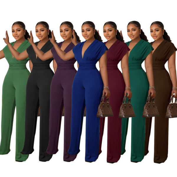 Low cut solid color waistband women's jumpsuit