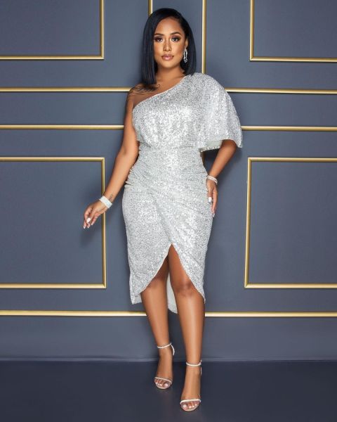 Solid color sequin off shoulder sexy women's dress