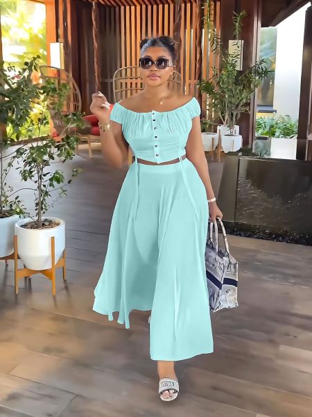 One shoulder short top A-line drape long skirt two-piece set
