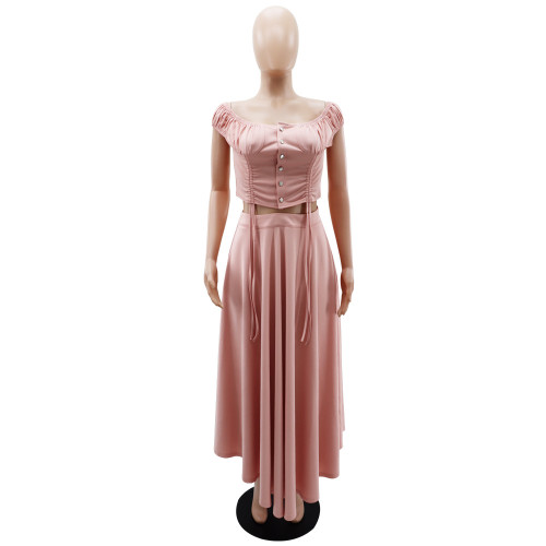 One shoulder short top A-line drape long skirt two-piece set