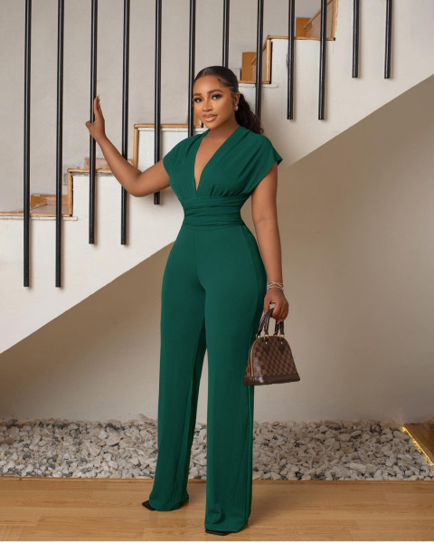 Low cut solid color waistband women's jumpsuit
