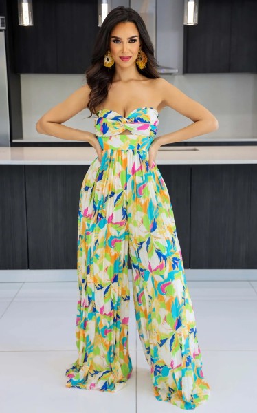 Sleeveless wrapped chest printed long pants, high waisted pleated jumpsuit