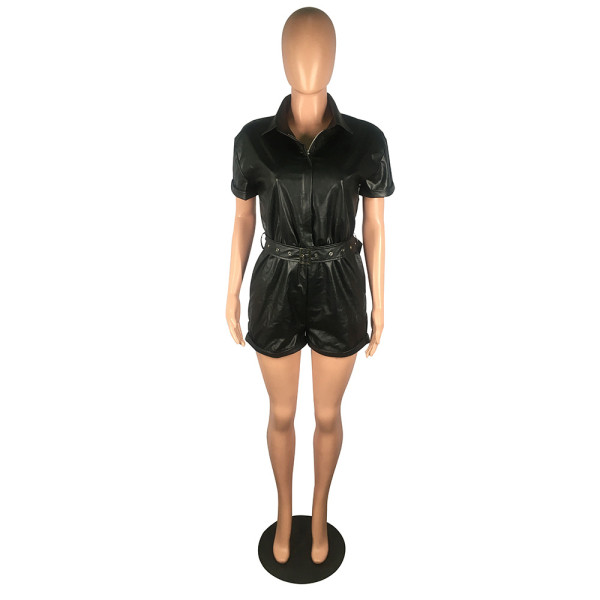 Zipper belt PU leather jumpsuit