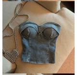One shoulder open navel short top denim top