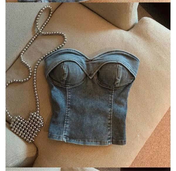 One shoulder open navel short top denim top