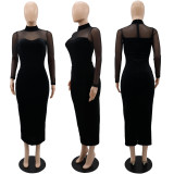 Long sleeved temperament mesh patchwork dress