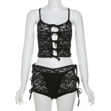 Perspective jacquard suspender top high waisted shorts set