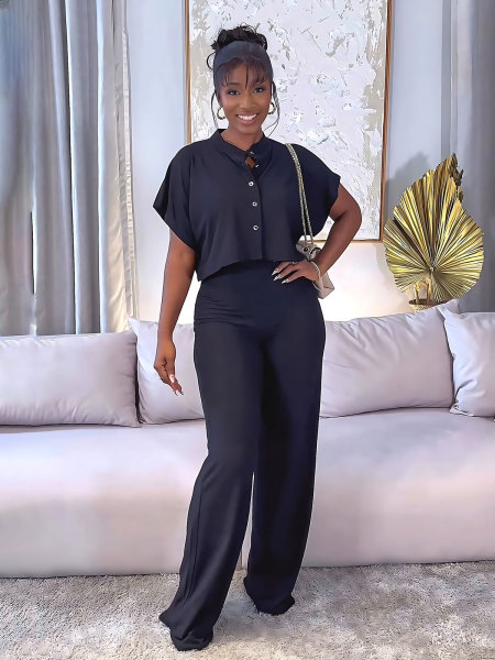 Short cardigan top straight leg pants two-piece set