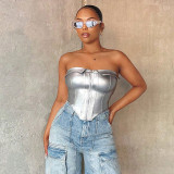 Flip collar strapless PU leather fishbone sexy cardigan zippered top small tank top