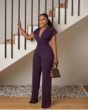 Low cut solid color waistband women's jumpsuit