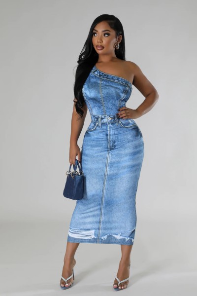 Imitation denim one shoulder slim fit wrap hip dress