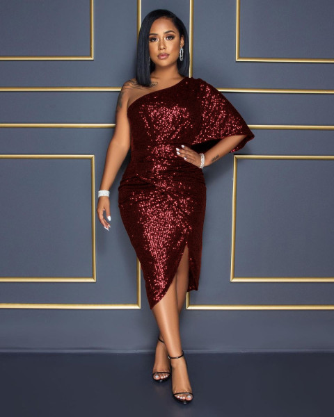 Solid color sequin off shoulder sexy women's dress