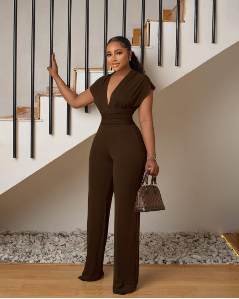 Low cut solid color waistband women's jumpsuit
