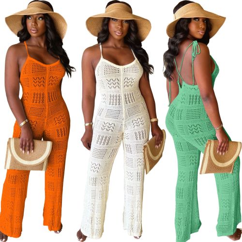 Knitted camisole geometric hollow jumpsuit