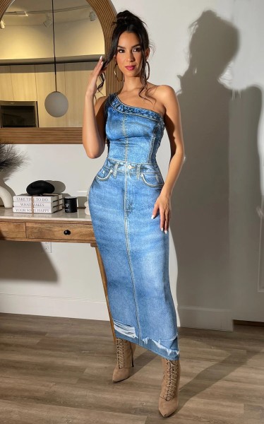 Imitation denim one shoulder slim fit wrap hip dress