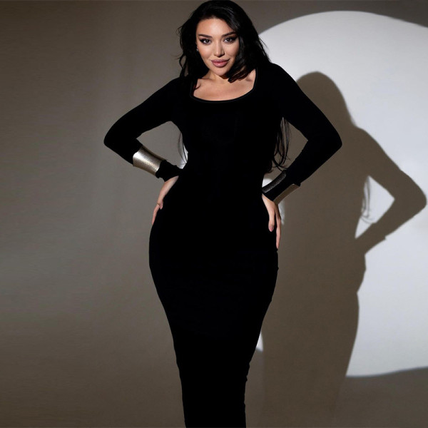 Slim fit backless lace up U-neck long sleeved dress