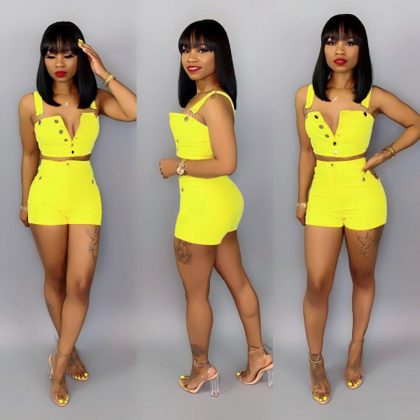 Blue denim strap top+mini shorts two-piece set