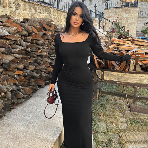 Slim fit backless lace up U-neck long sleeved dress