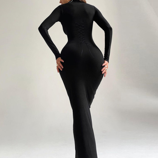 Slim fit backless lace up U-neck long sleeved dress