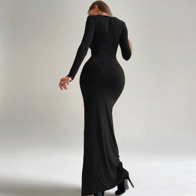 Slim fit backless lace up U-neck long sleeved dress