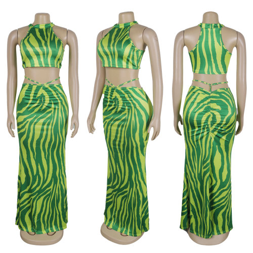 Striped long skirt two-piece set