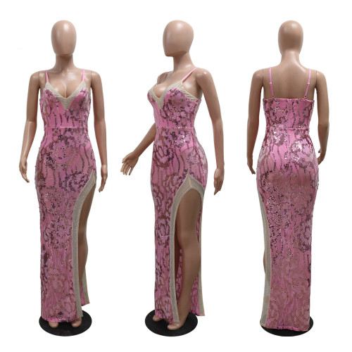 V-neck sequin high slit irregular dress with strap
